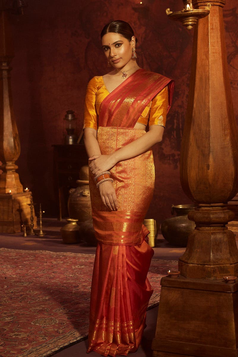 Kili-Orange Kanchipuram Silk Saree