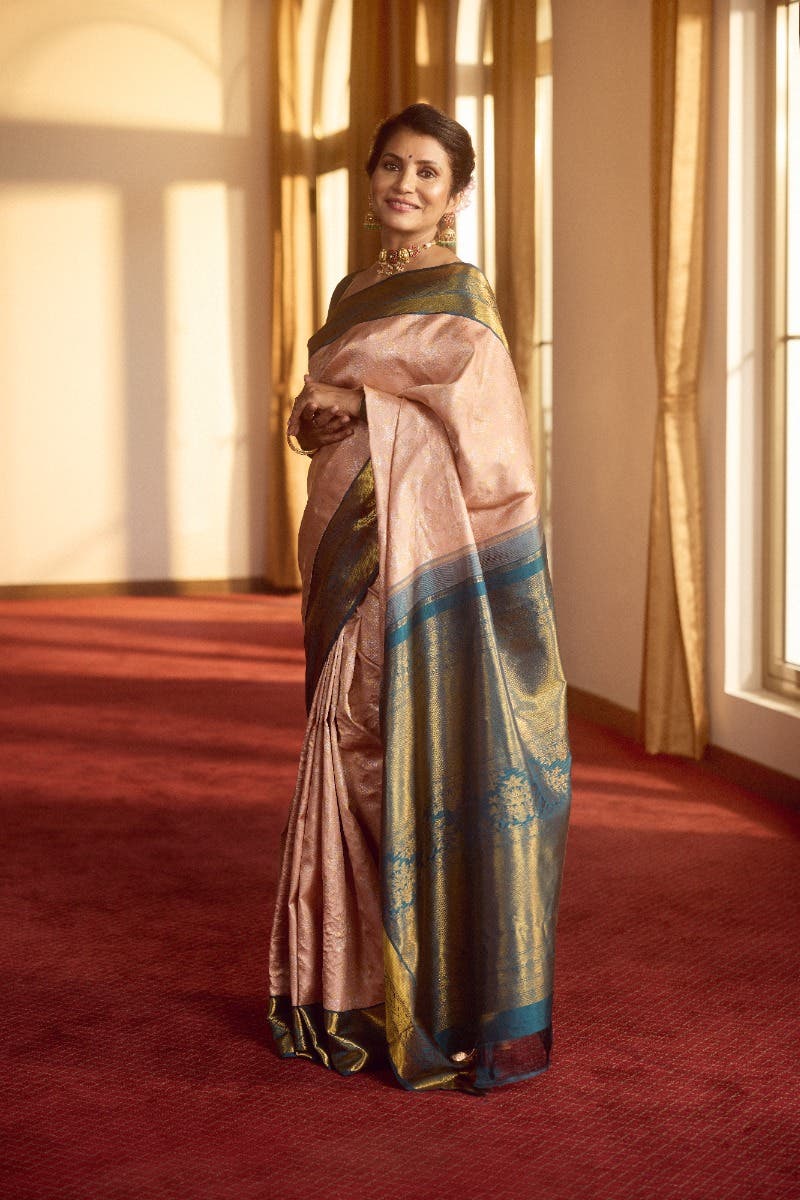 Malligai-Peach Kanchipuram Silk Saree