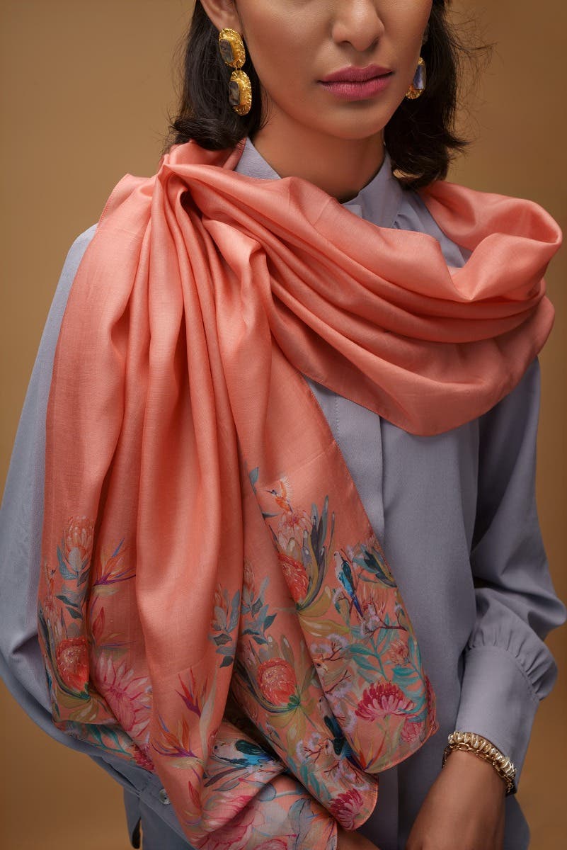 Lovers on the Branch peach Stole from Birds of Paradise, Scarves & Stoles Collection