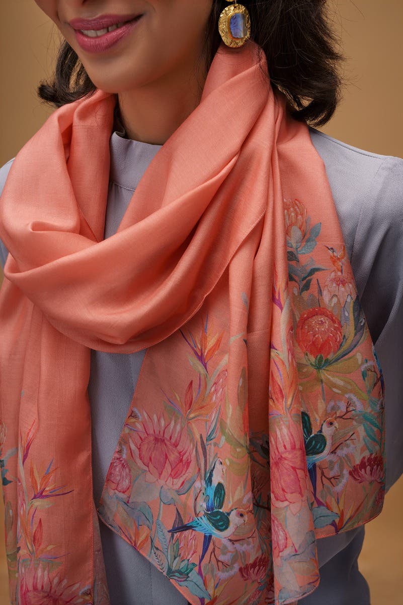Lovers on the Branch peach Stole from Birds of Paradise, Scarves & Stoles Collection