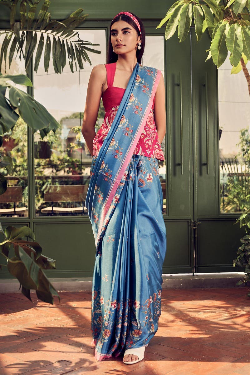 Nupur Blue floral design saree from Chintz Collection, Designed by Nalli
