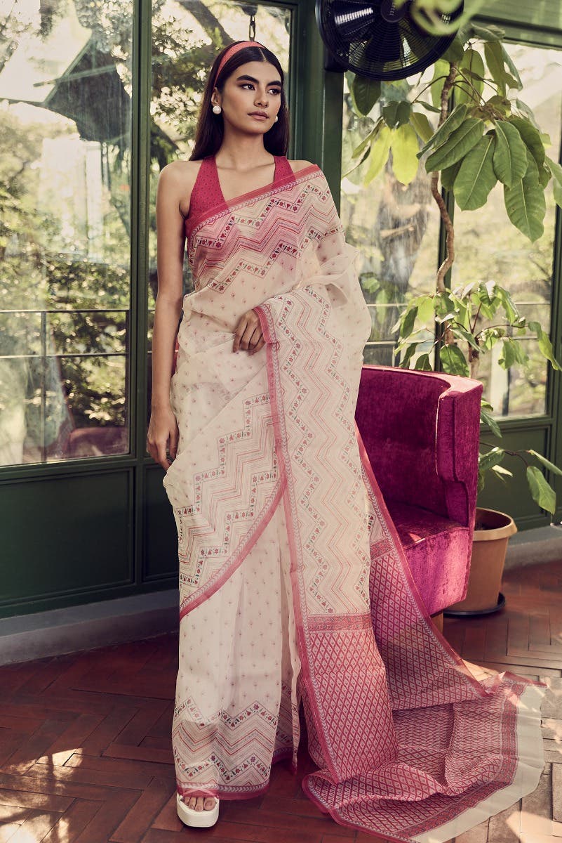 Butidar Off White floral design saree from Chintz Collection, Designed by Nalli