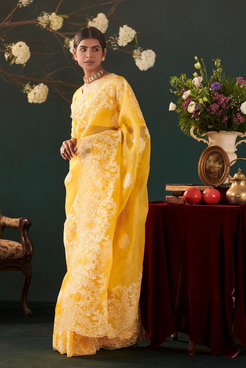 Garden of Eden Yellow floral design saree from Embroidered Romance Collection by Nalli
