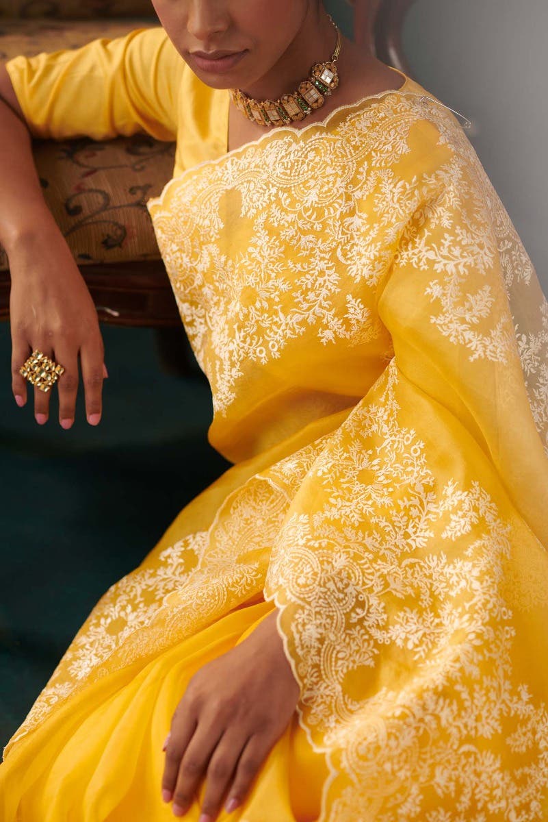 Garden of Eden Yellow floral design saree from Embroidered Romance Collection by Nalli
