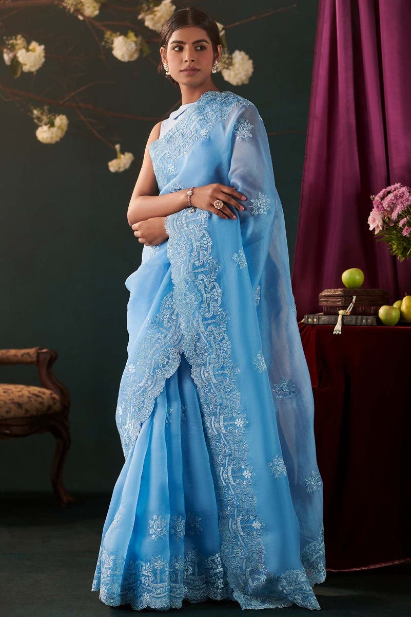 Romance of the Roses Blue floral design saree from Embroidered Romance Collection by Nalli