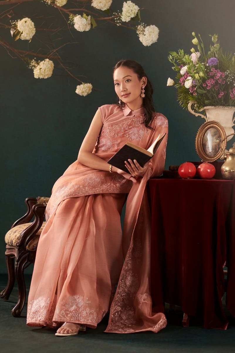 Asteracea Rose Gold floral design saree from Embroidered Romance Collection by Nalli