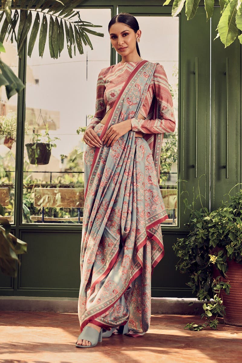 Premika Light Turquoise floral design saree from Chintz Collection, Designed by Nalli