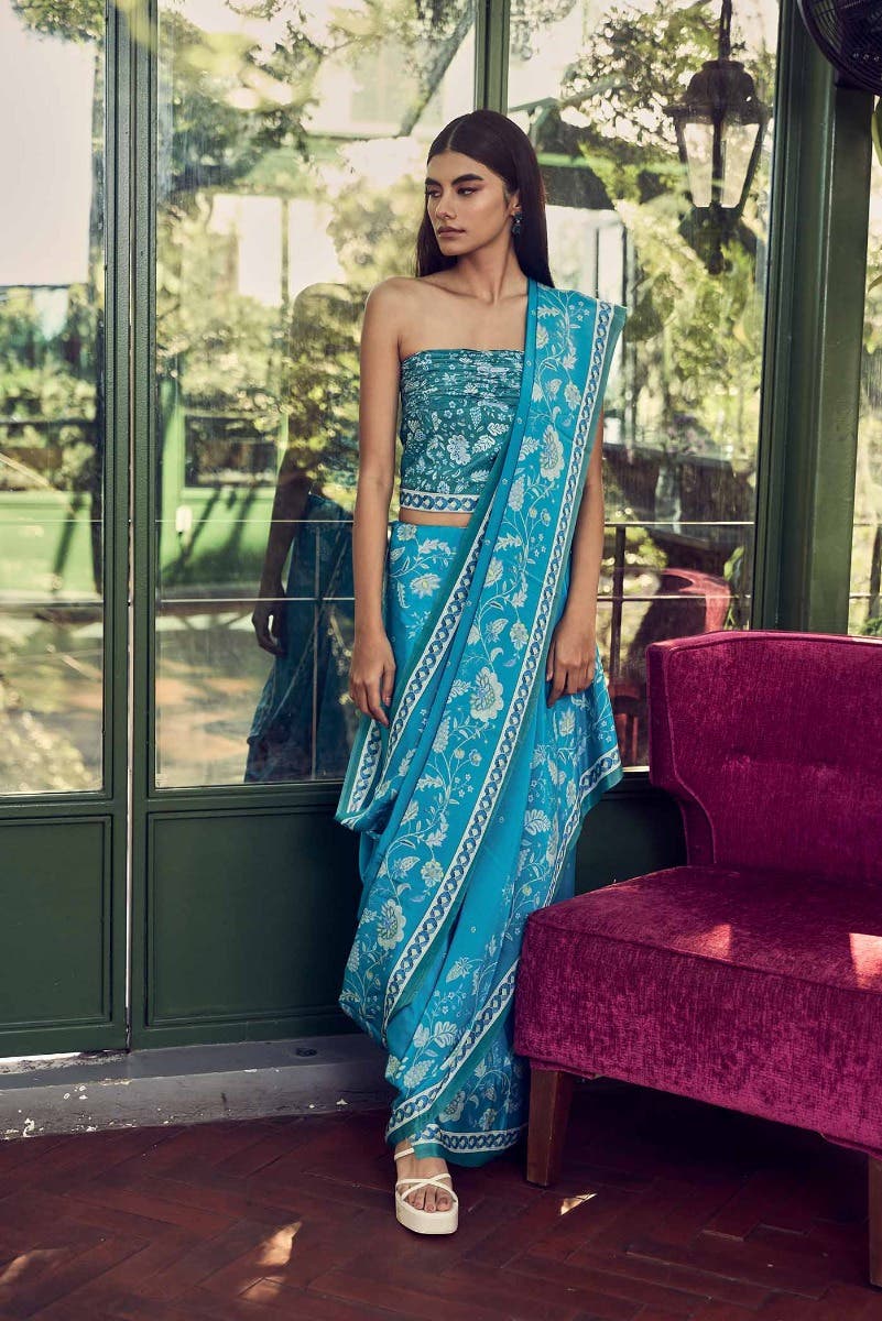 Chandni Blue floral design saree from Chintz Collection, Designed by Nalli