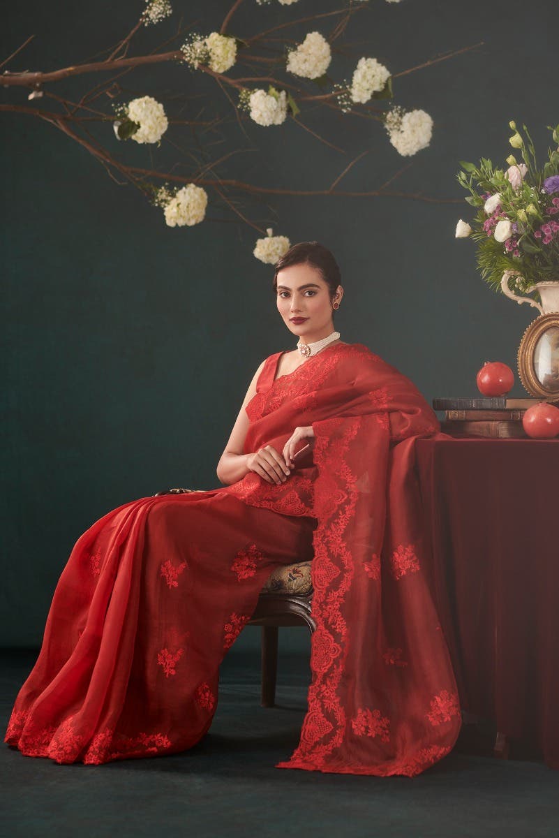 Peonia Maroon floral design saree from Embroidered Romance Collection by Nalli