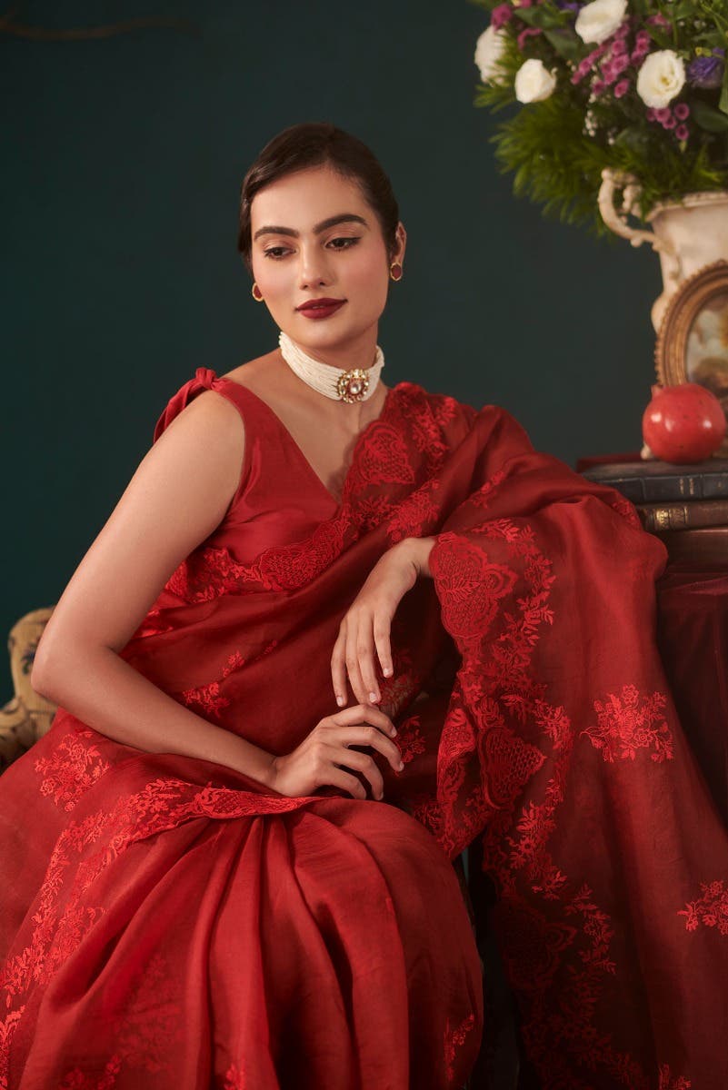 Peonia Maroon floral design saree from Embroidered Romance Collection by Nalli
