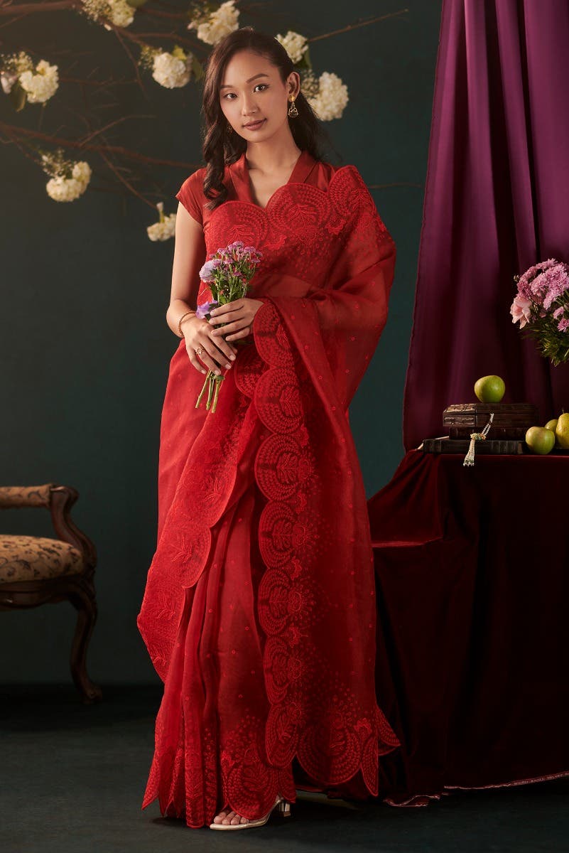 Lovelace Maroon floral design saree from Embroidered Romance Collection by Nalli