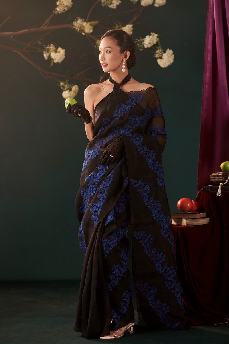 Bella Black floral design saree from Embroidered Romance Collection by Nalli