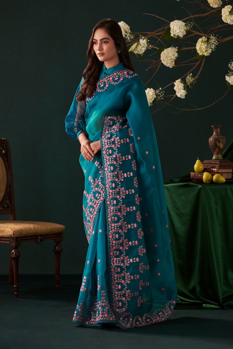 Ethereal Love Teal floral design saree from Embroidered Romance Collection by Nalli