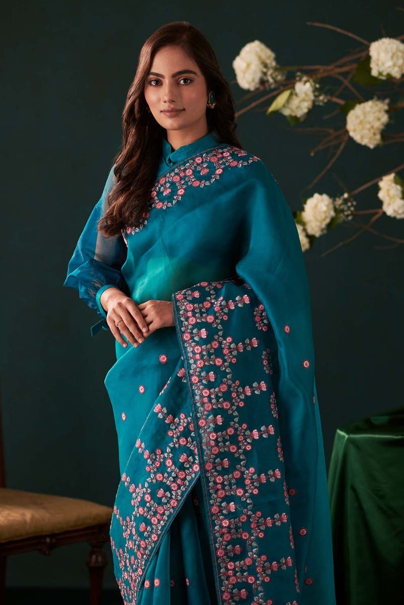 Ethereal Love Teal floral design saree from Embroidered Romance Collection by Nalli