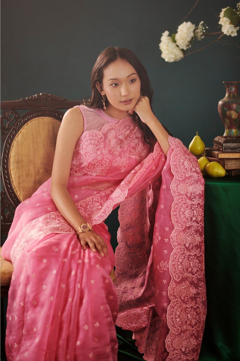 Passion Paradise Pink floral design saree from Embroidered Romance Collection by Nalli