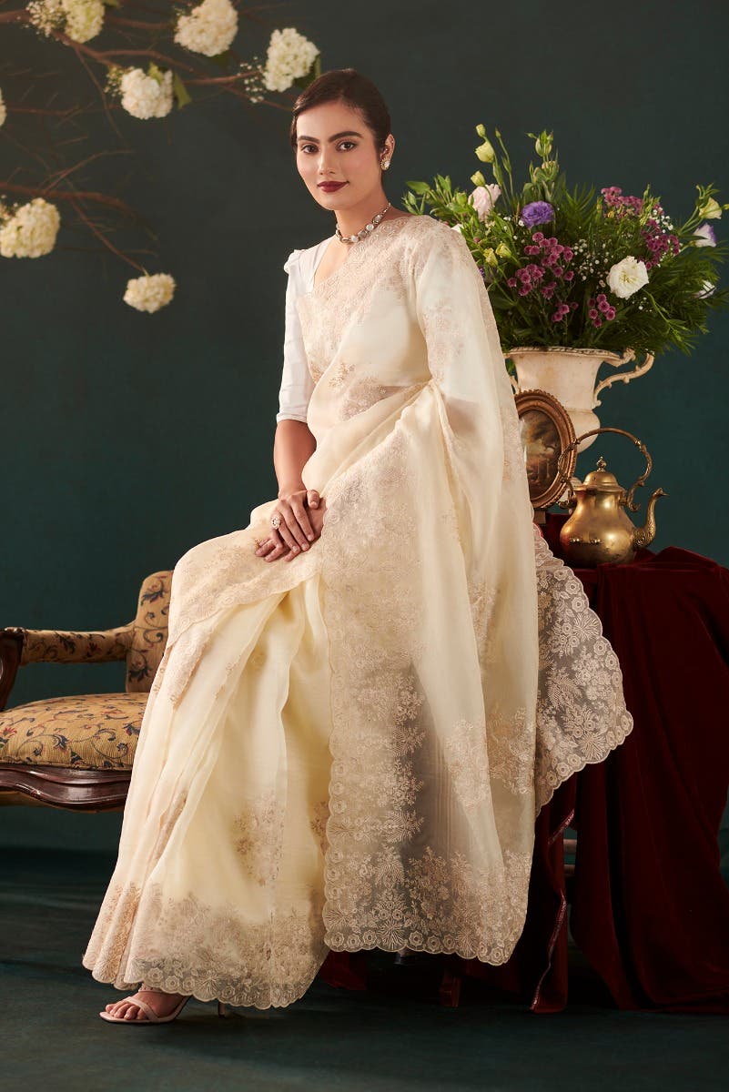 Minerva White floral design saree from Embroidered Romance Collection by Nalli