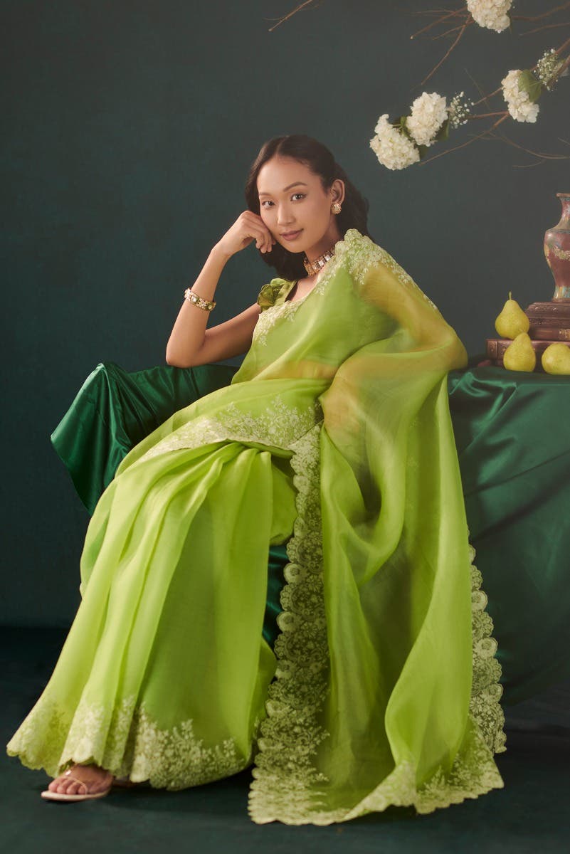 Harmonia Green floral design saree from Embroidered Romance Collection by Nalli