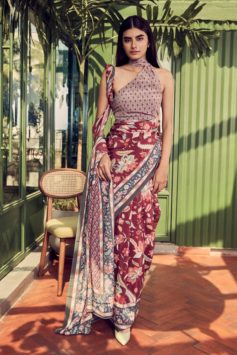 Bagicha Maroon floral design saree from Chintz Collection, Designed by Nalli