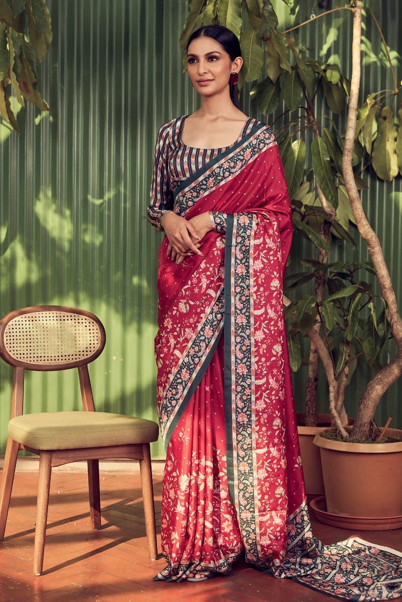 Taram Dark Pink floral design saree from Chintz Collection, Designed by Nalli