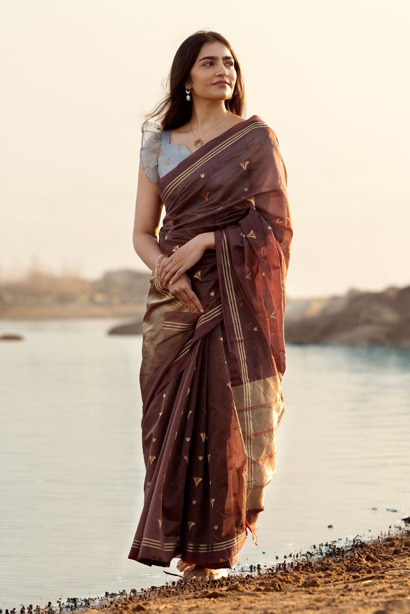 Navya  Coffee Brown Chanderi Silk Cotton Saree