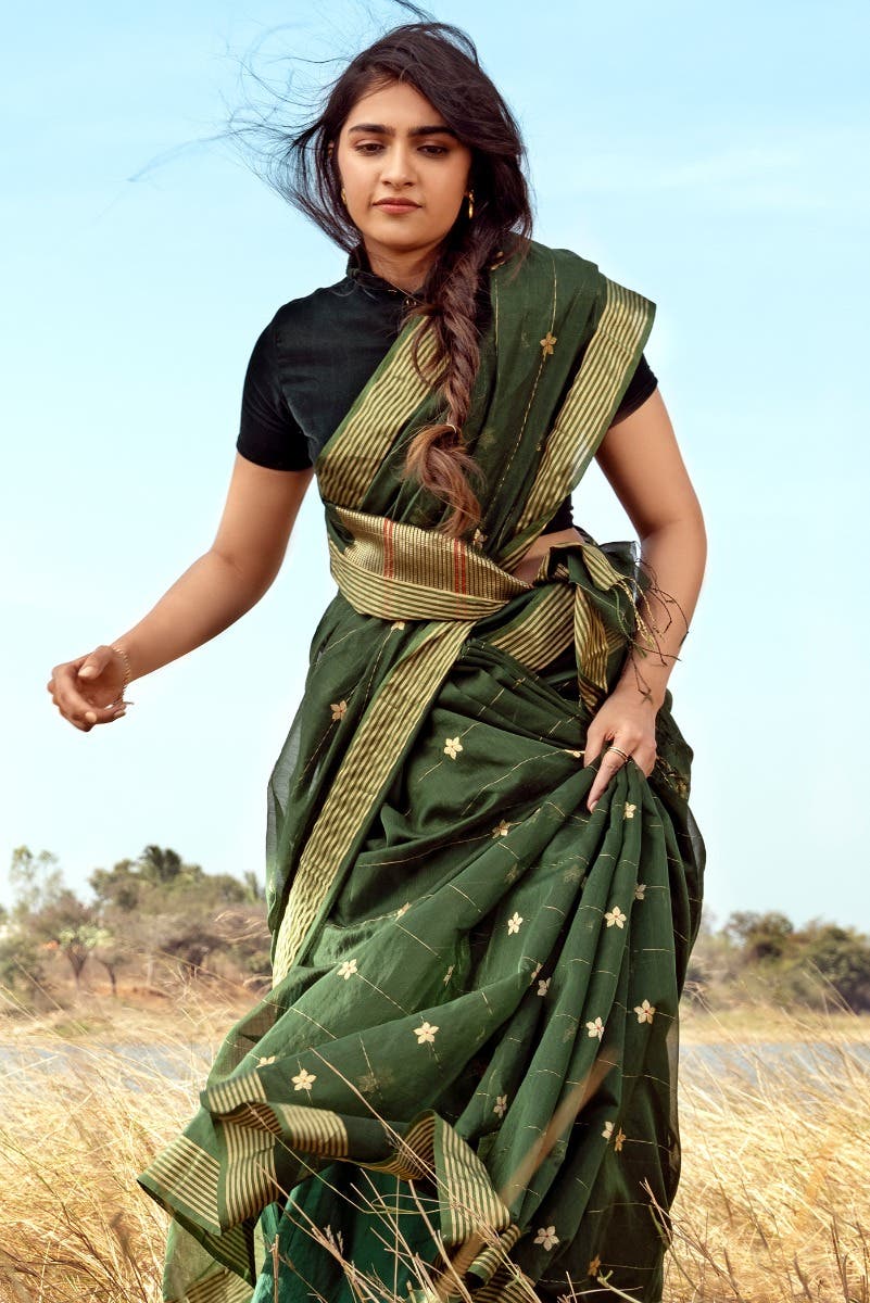 Navya  Bottle Green Chanderi Silk Cotton Saree