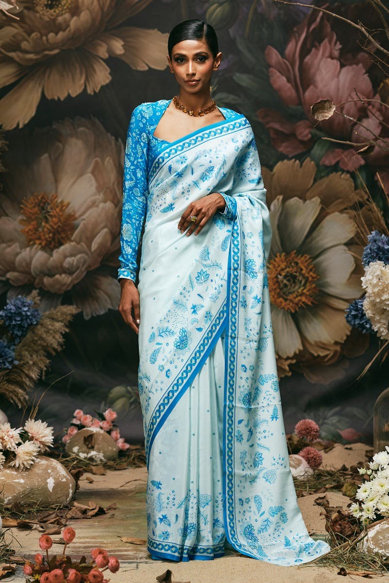 Chandni -  Light Blue Floral design saree from Chintz Collection, Designed by Nalli