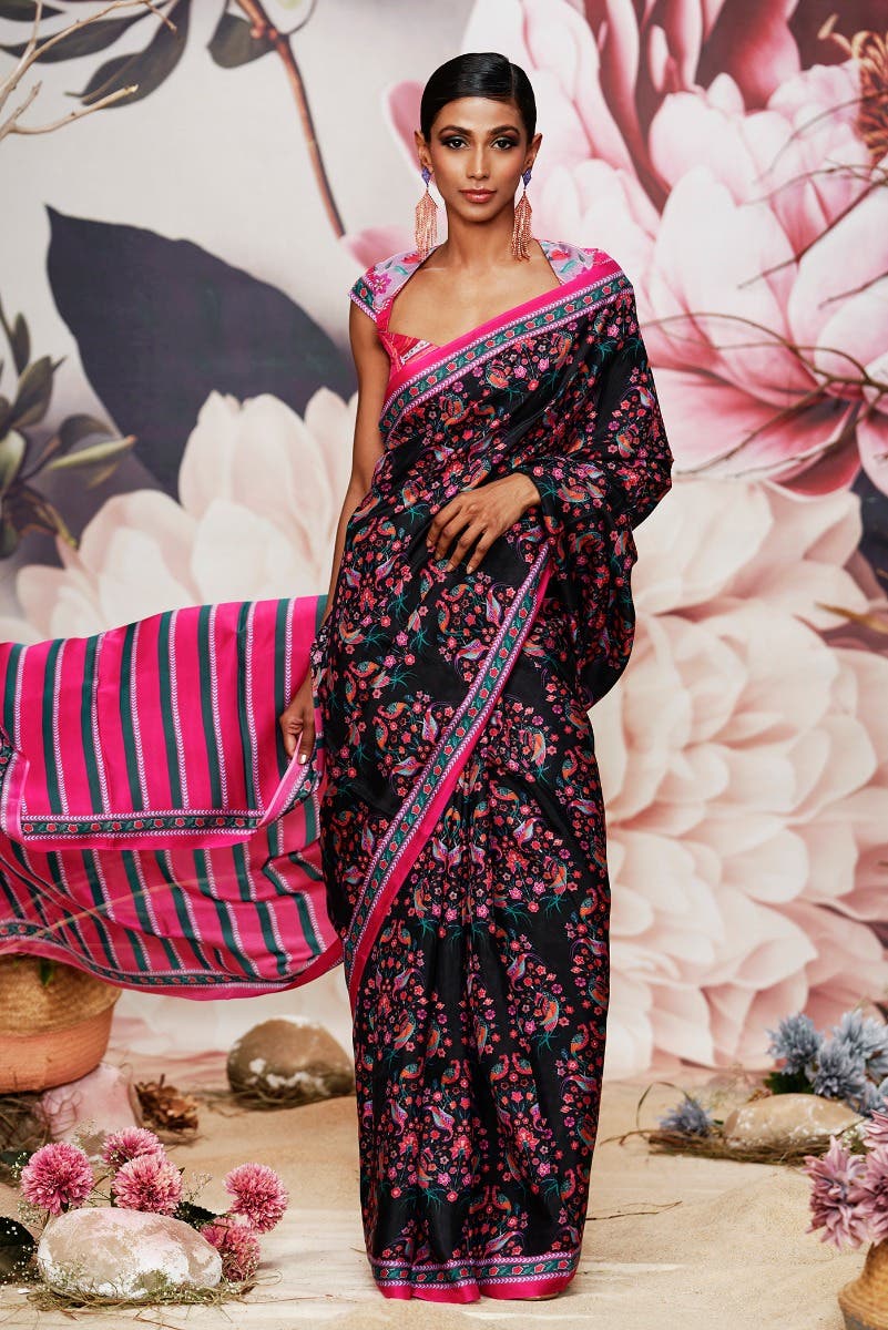 Premika -  Black Floral design saree from Chintz Collection, Designed by Nalli