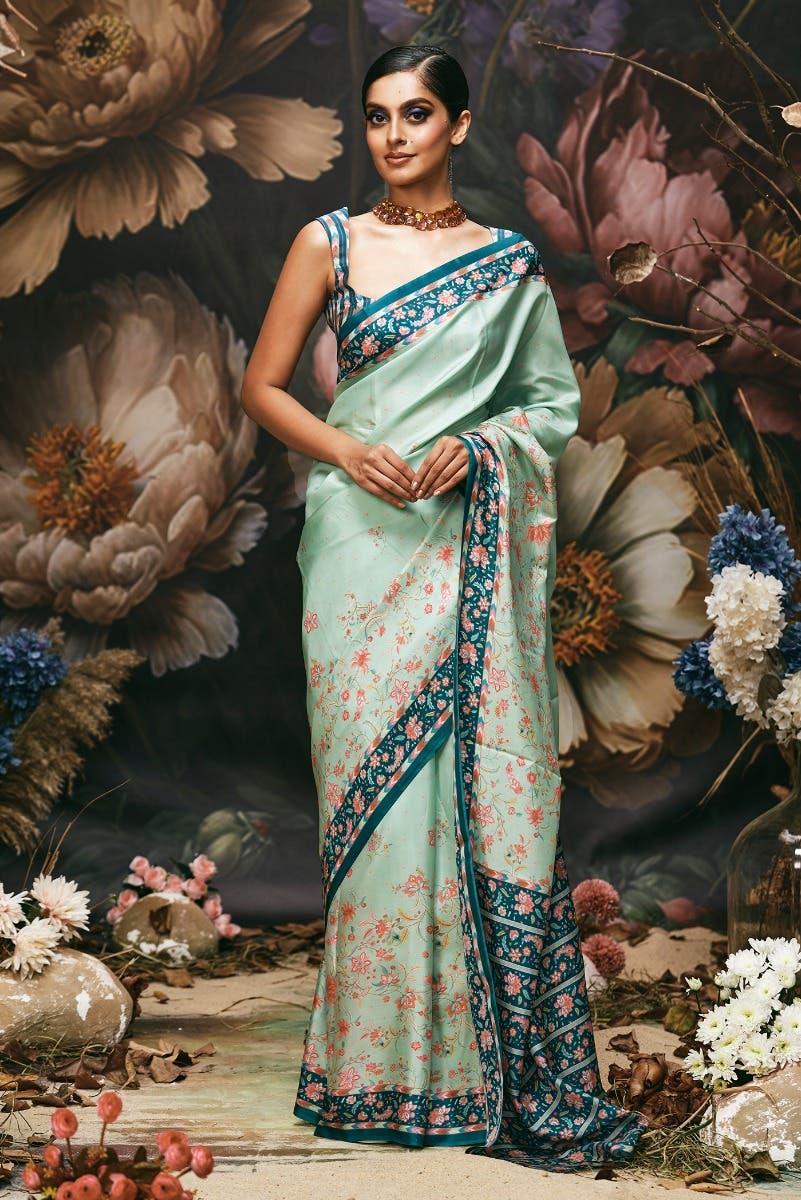 Taram - Mint Green Floral design saree from Chintz Collection, Designed by Nalli