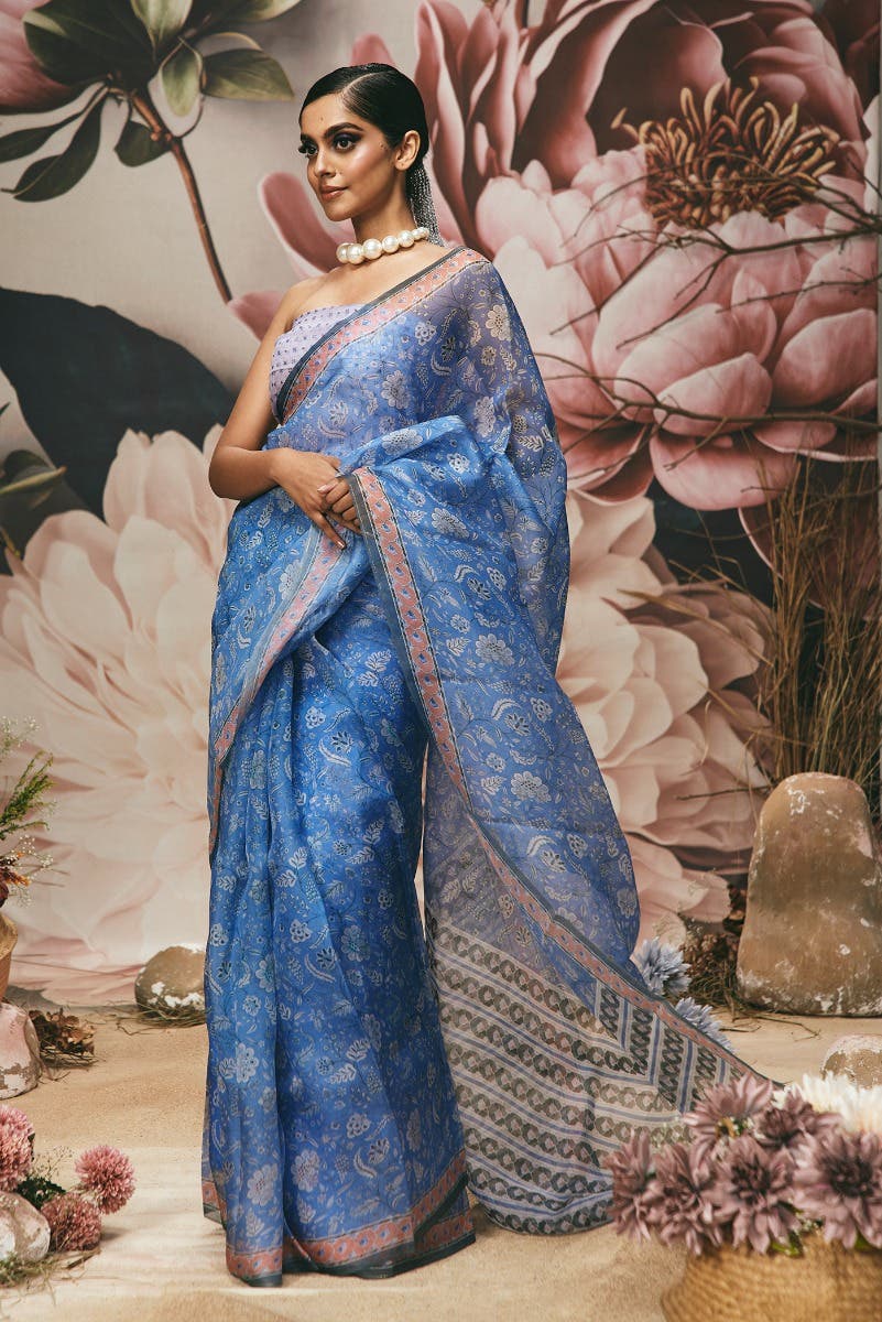 Guldasta - Blue Floral design saree from Chintz Collection, Designed by Nalli