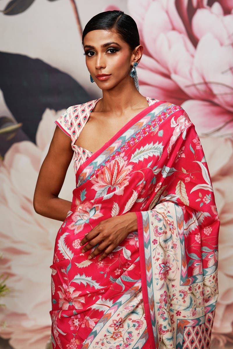 Bagicha - Dark pink Floral design saree from Chintz Collection, Designed by Nalli