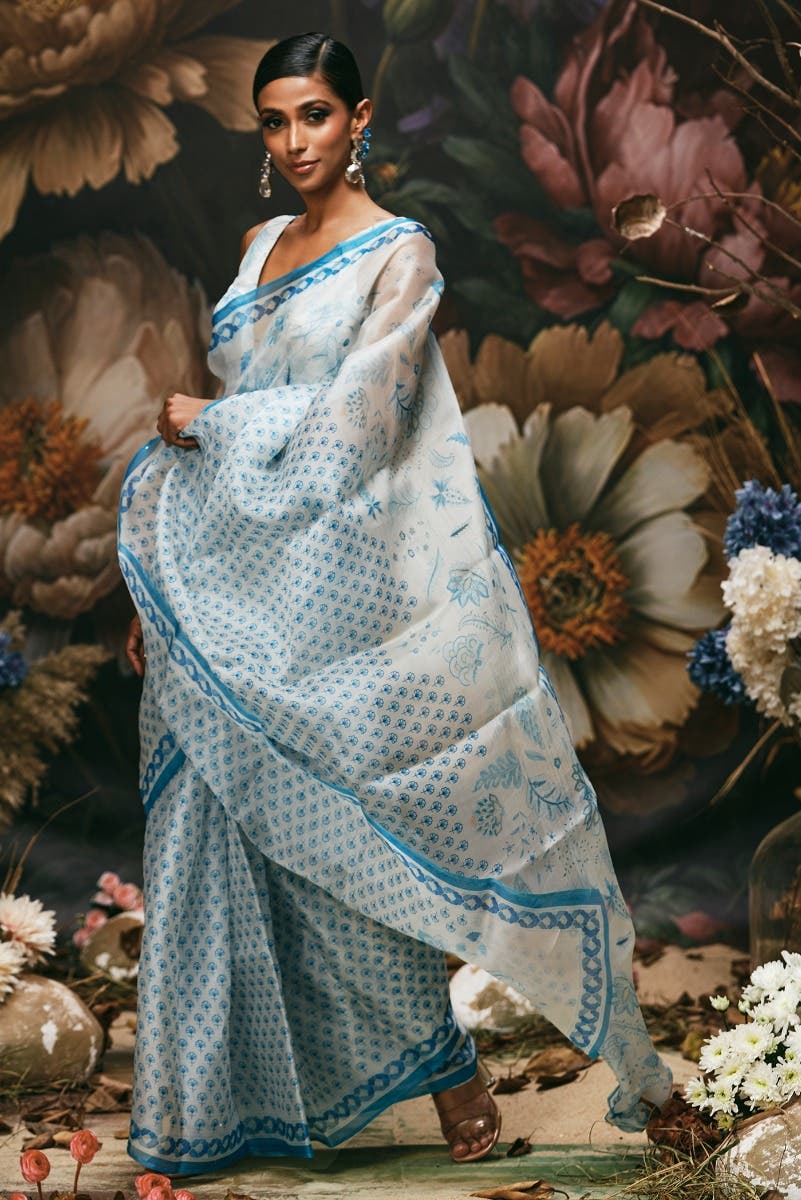 Pushpavalli - Ivory white Floral design saree from Chintz Collection, Designed by Nalli