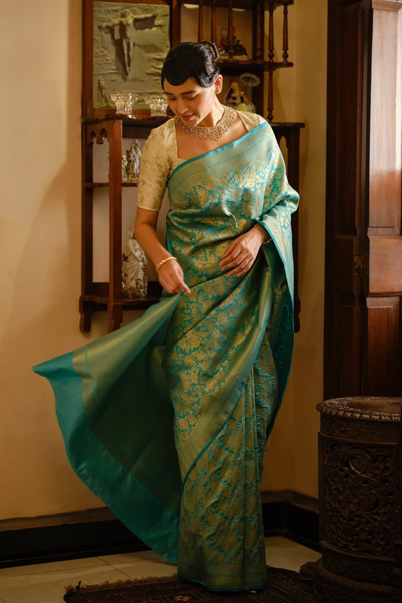Blossom Bahar- Turquoise Banarasi Silk Saree