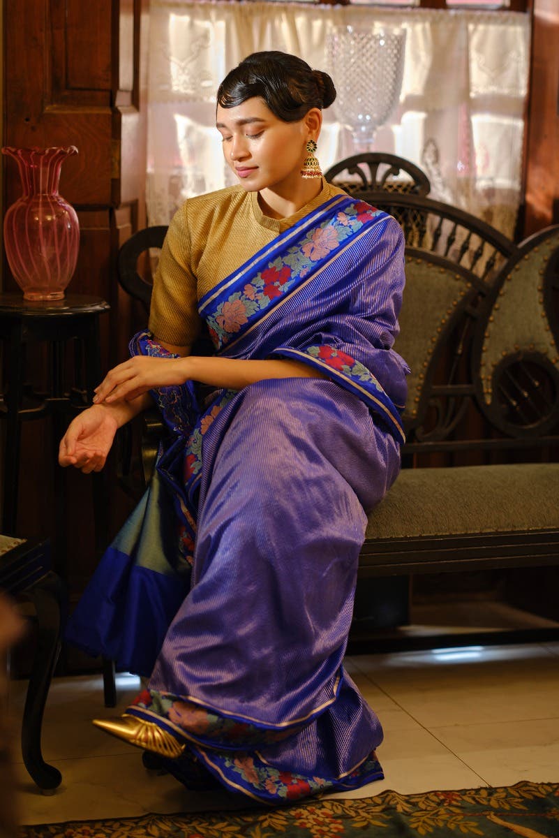 Classic Chrysanthemum- Blue Banarasi Saree