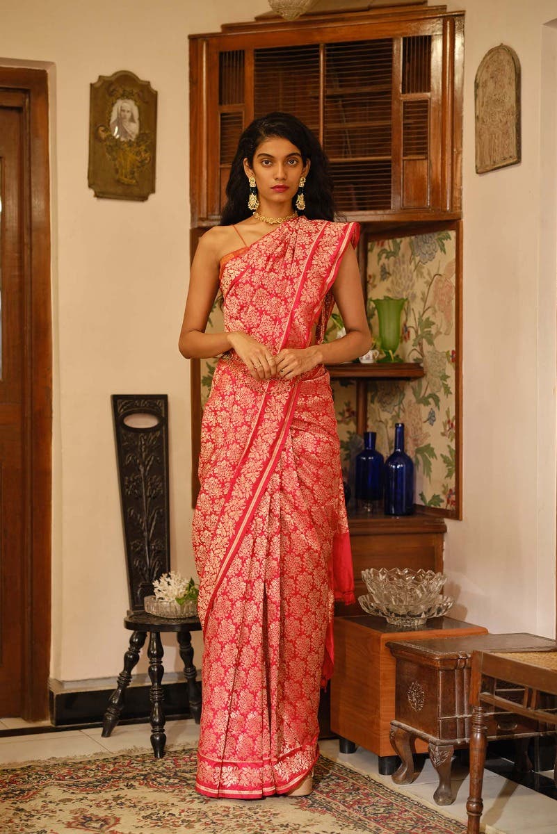 Guldasta Glamour- Red Banarasi Silk Saree