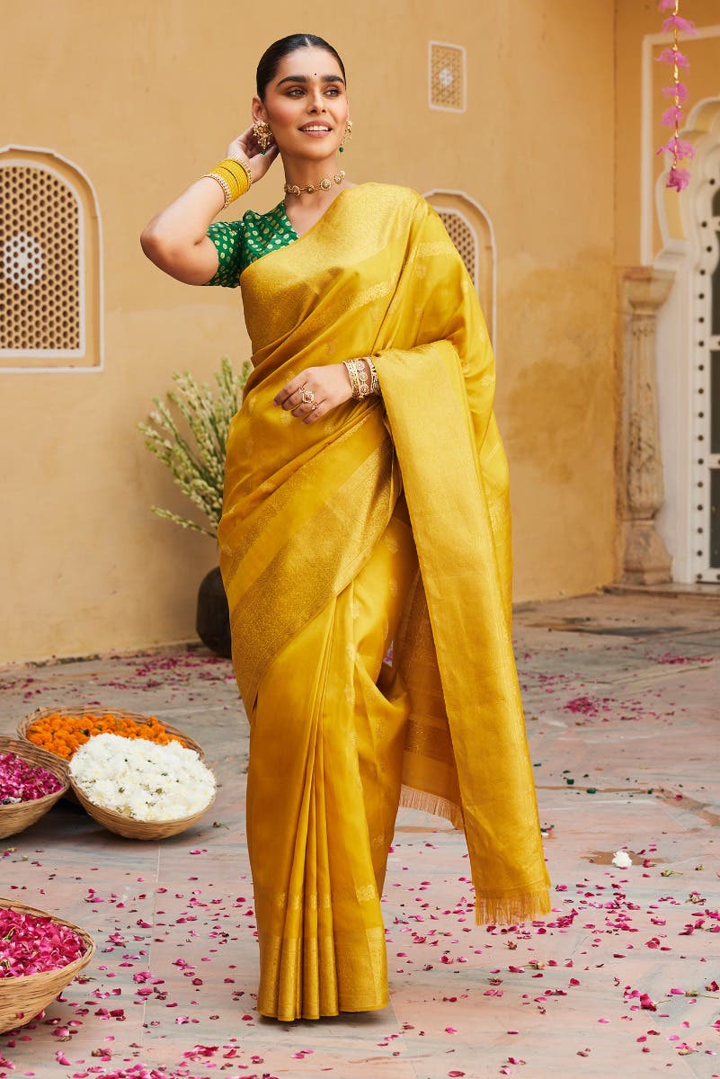 Poojita-Mustard Yellow Kanchipuram Silk Saree