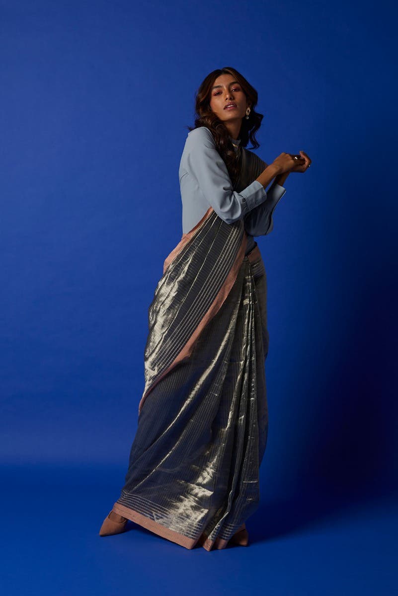 Bhavi-Grey Bhagalpuri Tussar Silk Saree