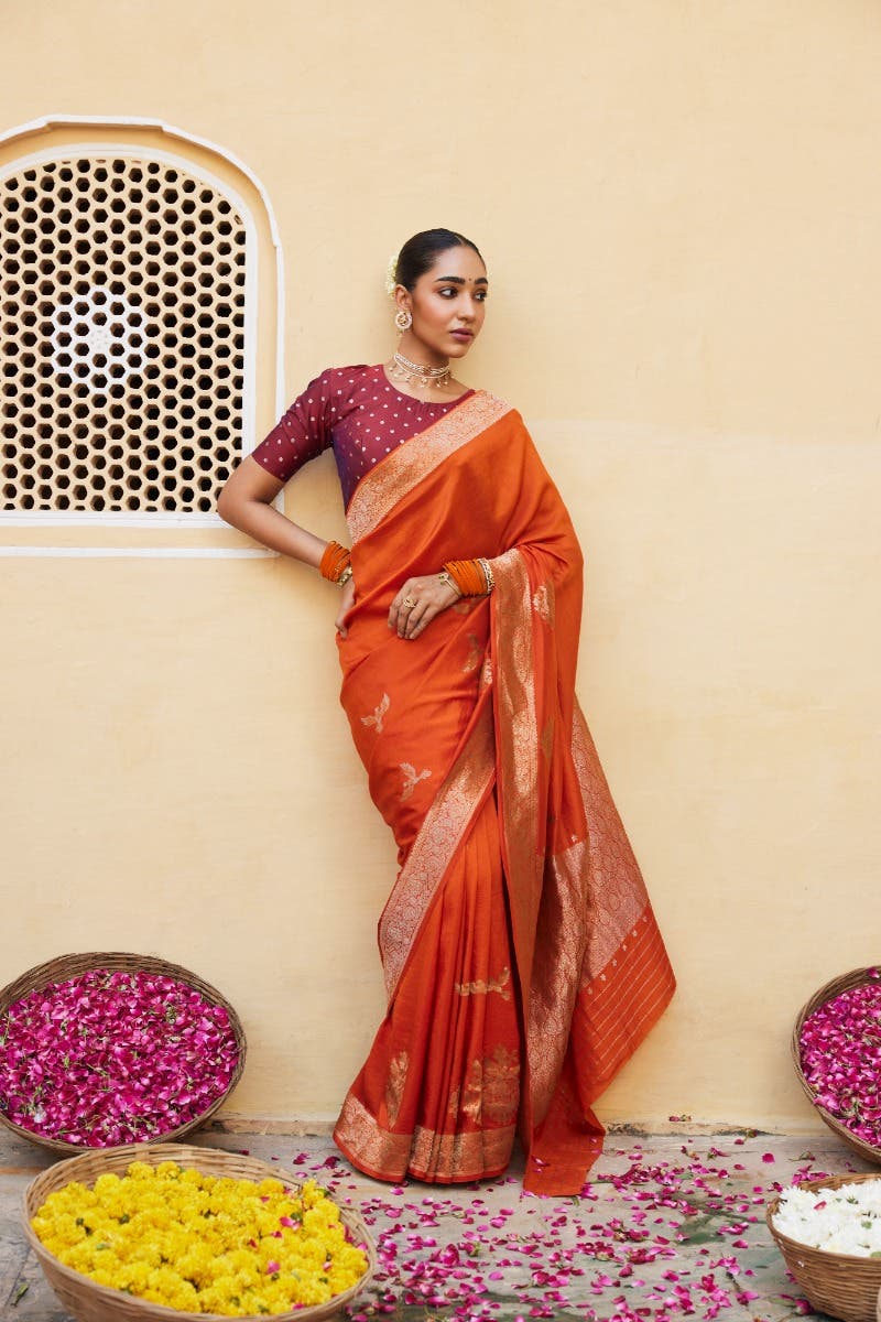 Kuhoo-Orange Banarasi Silk Saree