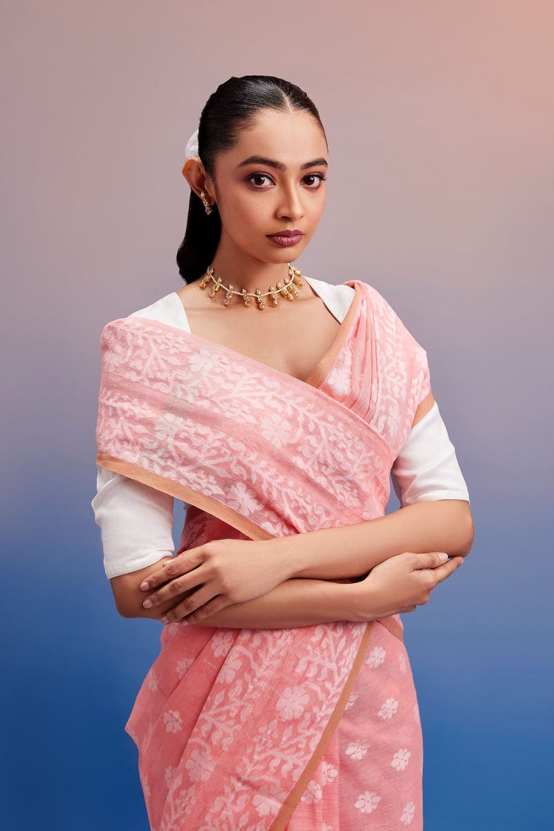 Mrinal-Peach Bengal Cotton Saree
