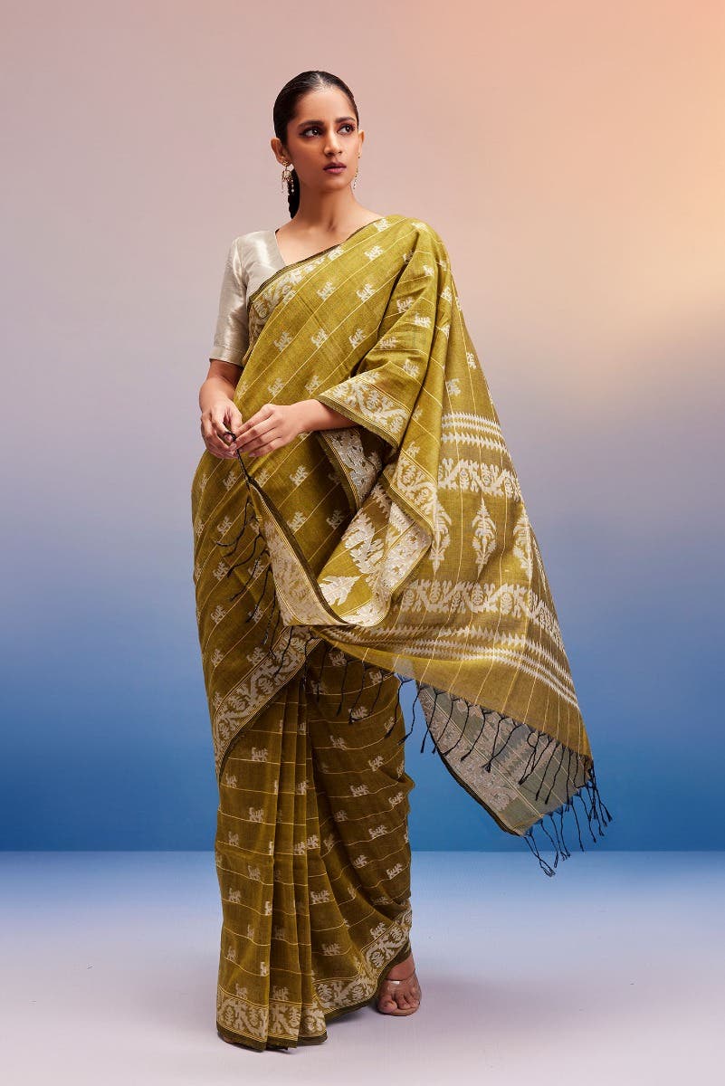 Anamika-Olive Green Bengal Cotton Saree