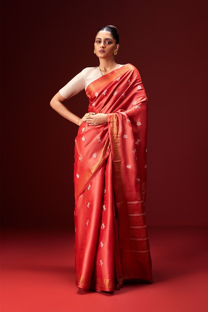Dance of Dragonfly-Rust Bhagalpuri Tussar Silk Saree