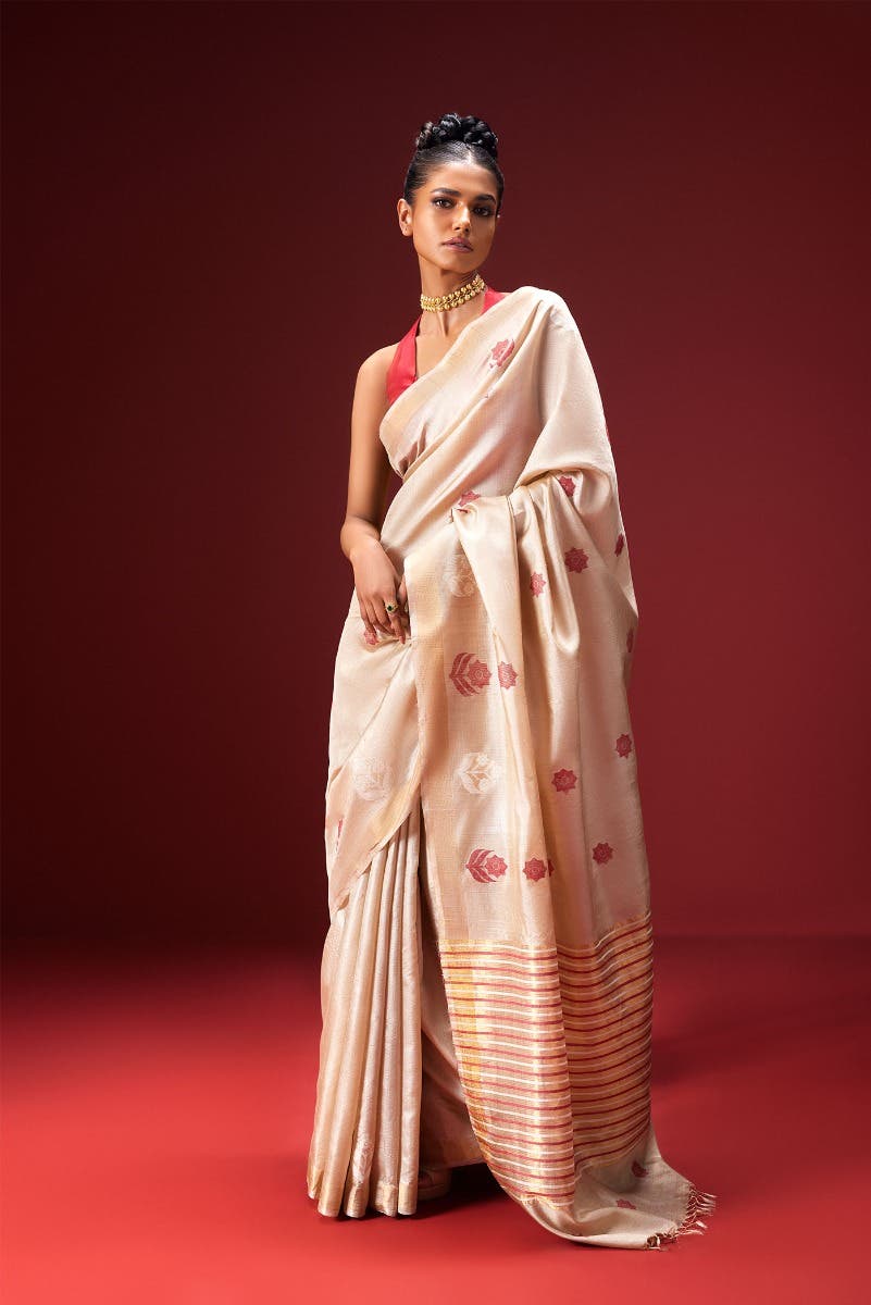 Lost in Fields-Beige Bhagalpuri Tussar Silk Saree