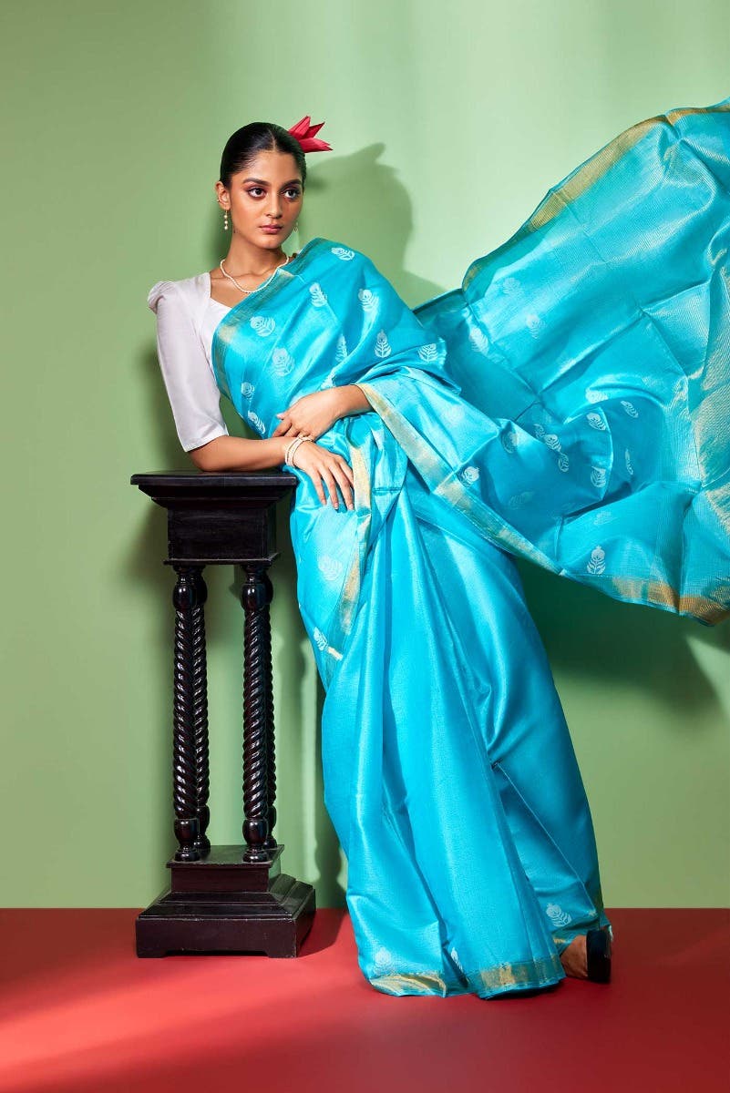 Pomegrante Poetry-Blue Bhagalpuri Tussar Silk Saree
