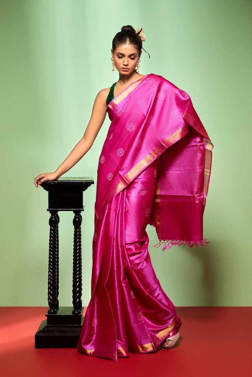 Orchard Orchestra-Pink Bhagalpuri Tussar Silk Saree