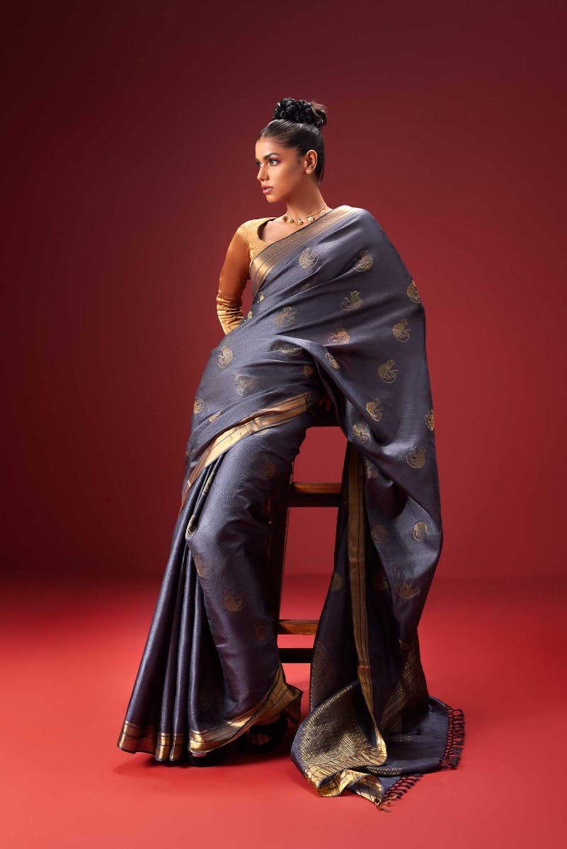 Banana Bandit-Grey Bhagalpuri Tussar Silk Saree