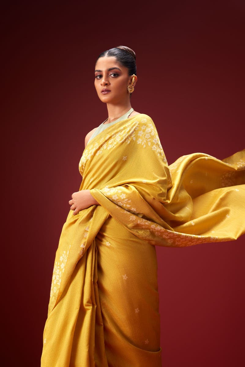 Forget Me Not-Yellow Bhagalpuri Tussar Silk Saree