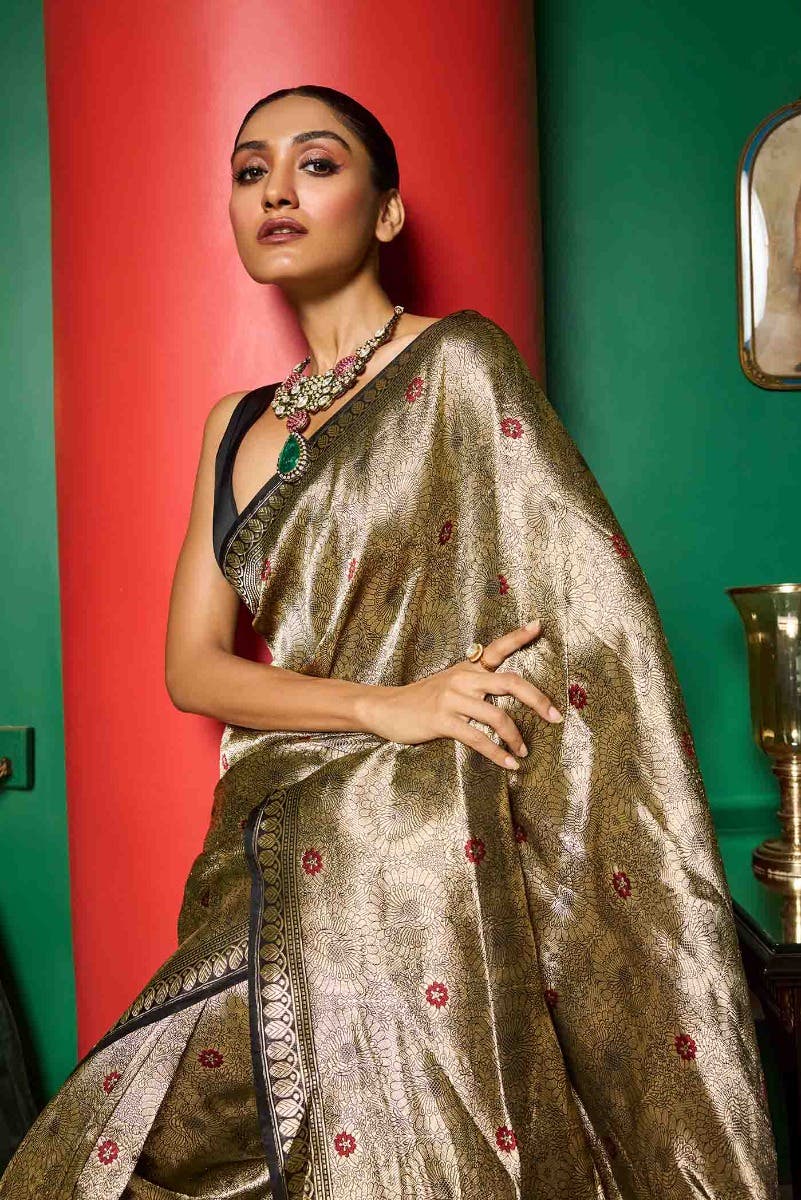 Mor-Black Banarasi Silk Saree