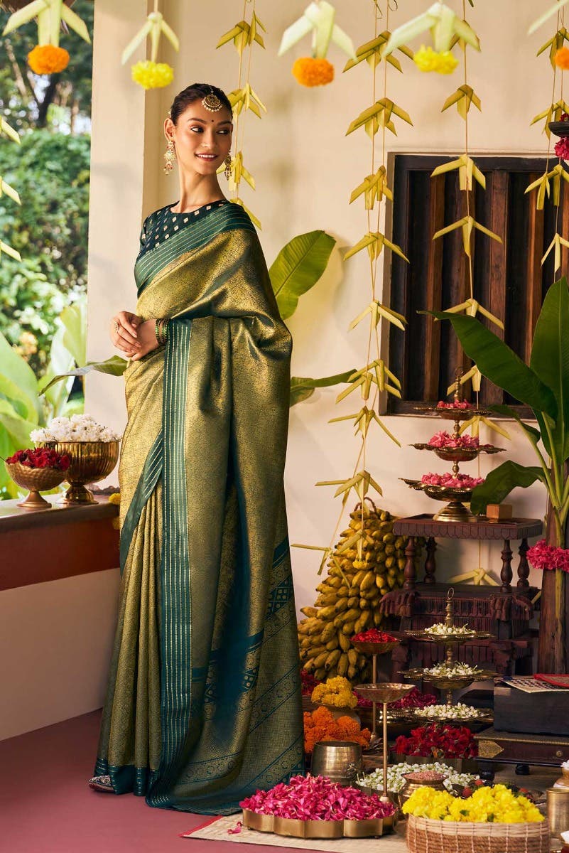 Maangai-Bottle Green Kanchipuram Silk Saree