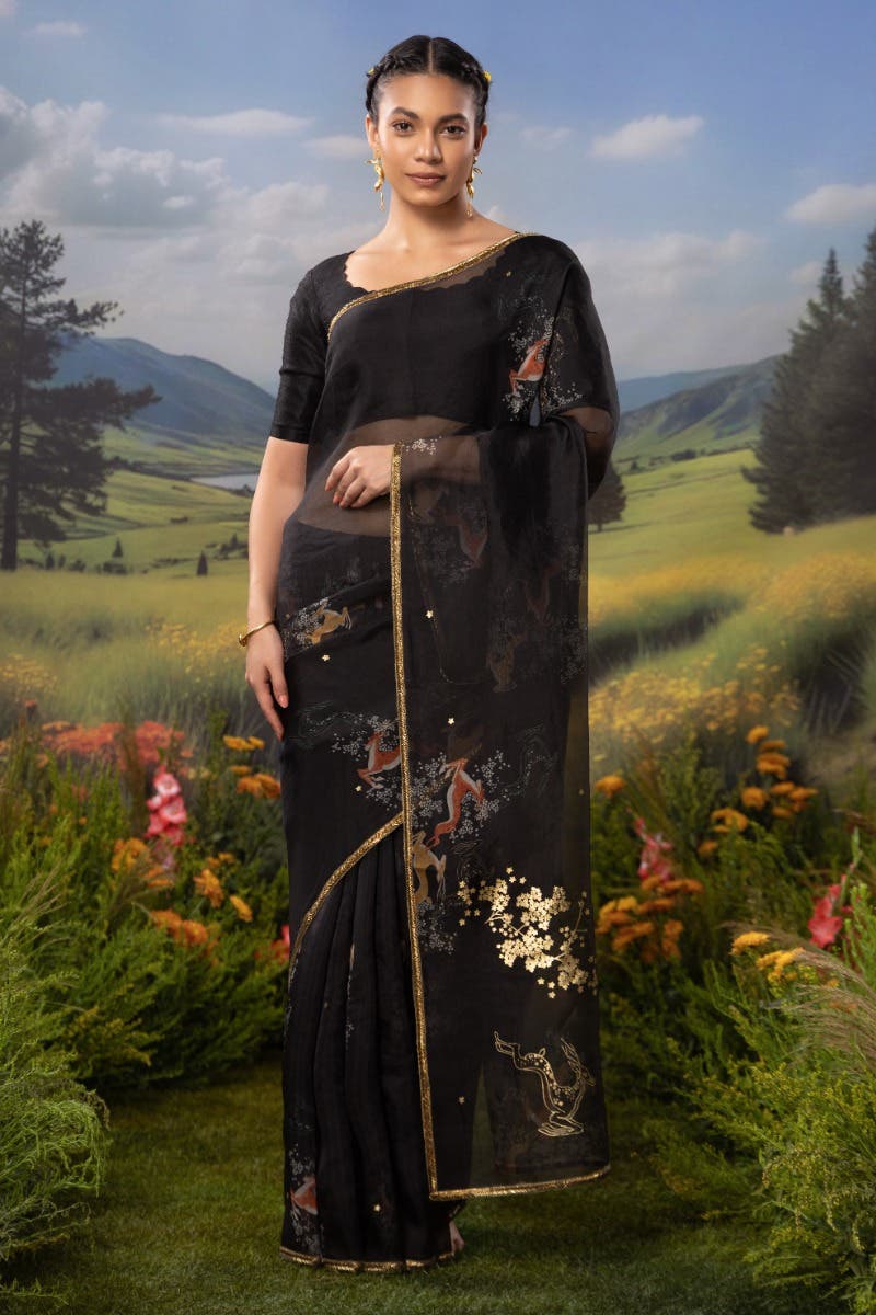 Leaping Deer-Black Pure Organza Silk Saree
