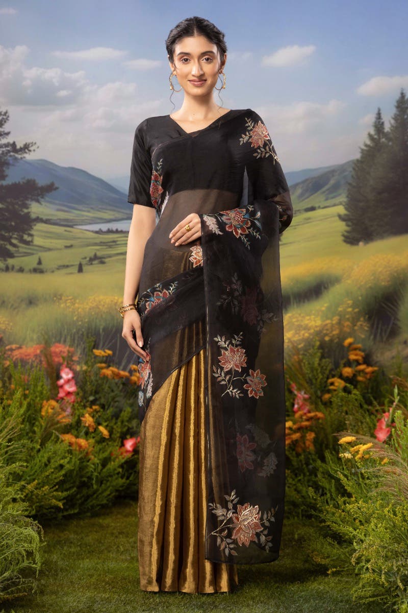 Dawn and Dusk-Gold & Black Pure Organza Silk Saree