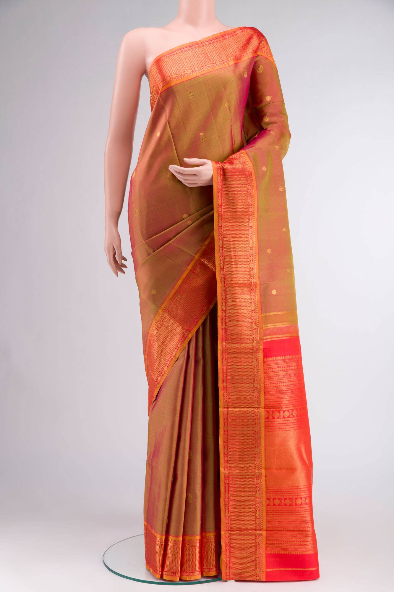Pink with Mustard Dual Tone Kanchipuram Silk Saree